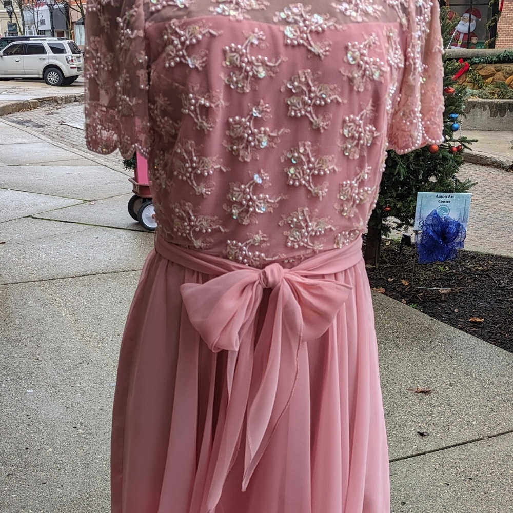 vintage Jack Bryan Pink Beaded Bodice Chiffon Skirt Cocktail Party Prom Dress